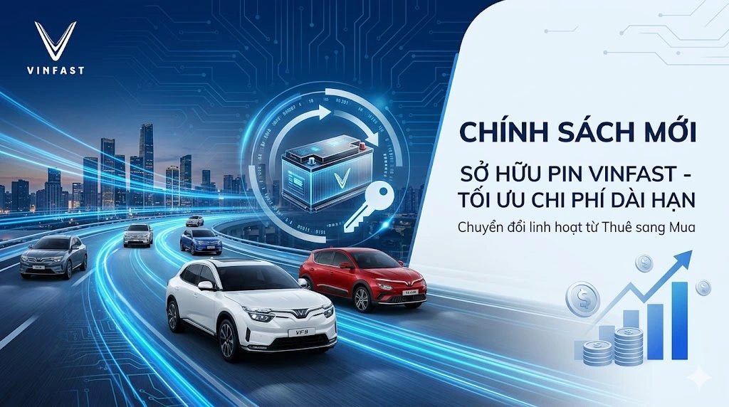 Banner thông báo chính sách mới chuyển sang mua đứt pin VinFast giúp tối ưu chi phí dài hạn cho chủ xe