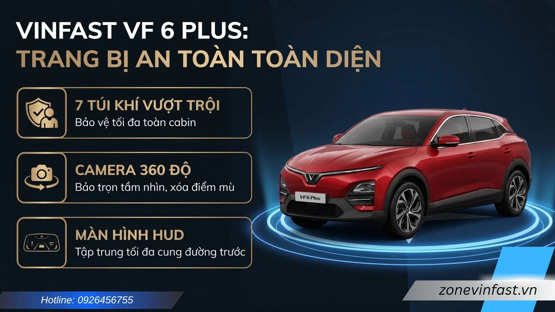 Infographic chi tiết hệ thống an toàn toàn diện 7 túi khí, camera 360 độ và màn hình HUD trên VinFast VF 6 Plus màu đỏ.