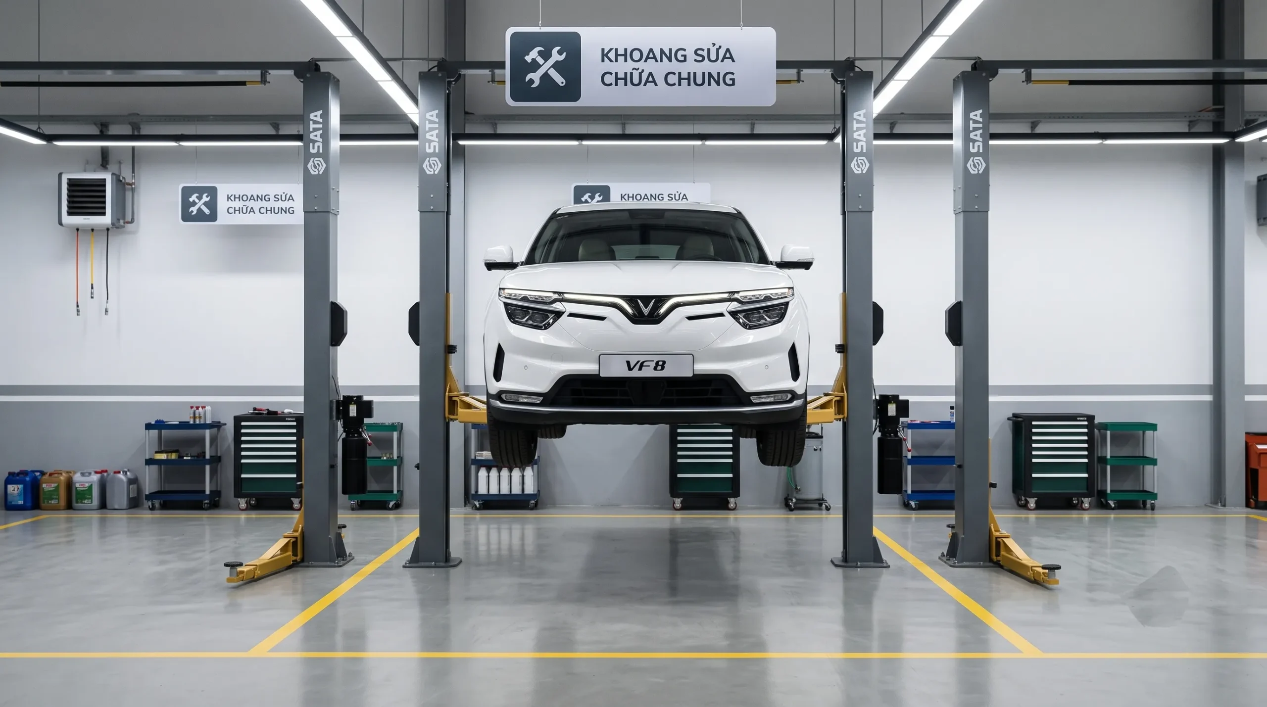 Xe ô tô điện VinFast VF 8 màu trắng bảo dưỡng tại xưởng dịch vụ chính hãng hiện đại - Xem giá lăn bánh VF 8