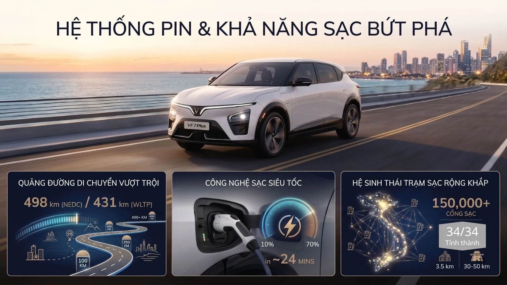 nfographic chi tiết về quãng đường di chuyển 498 km, công nghệ sạc nhanh 24 phút và hệ sinh thái trạm sạc toàn quốc của xe SUV thuần điện VinFast VF 7.