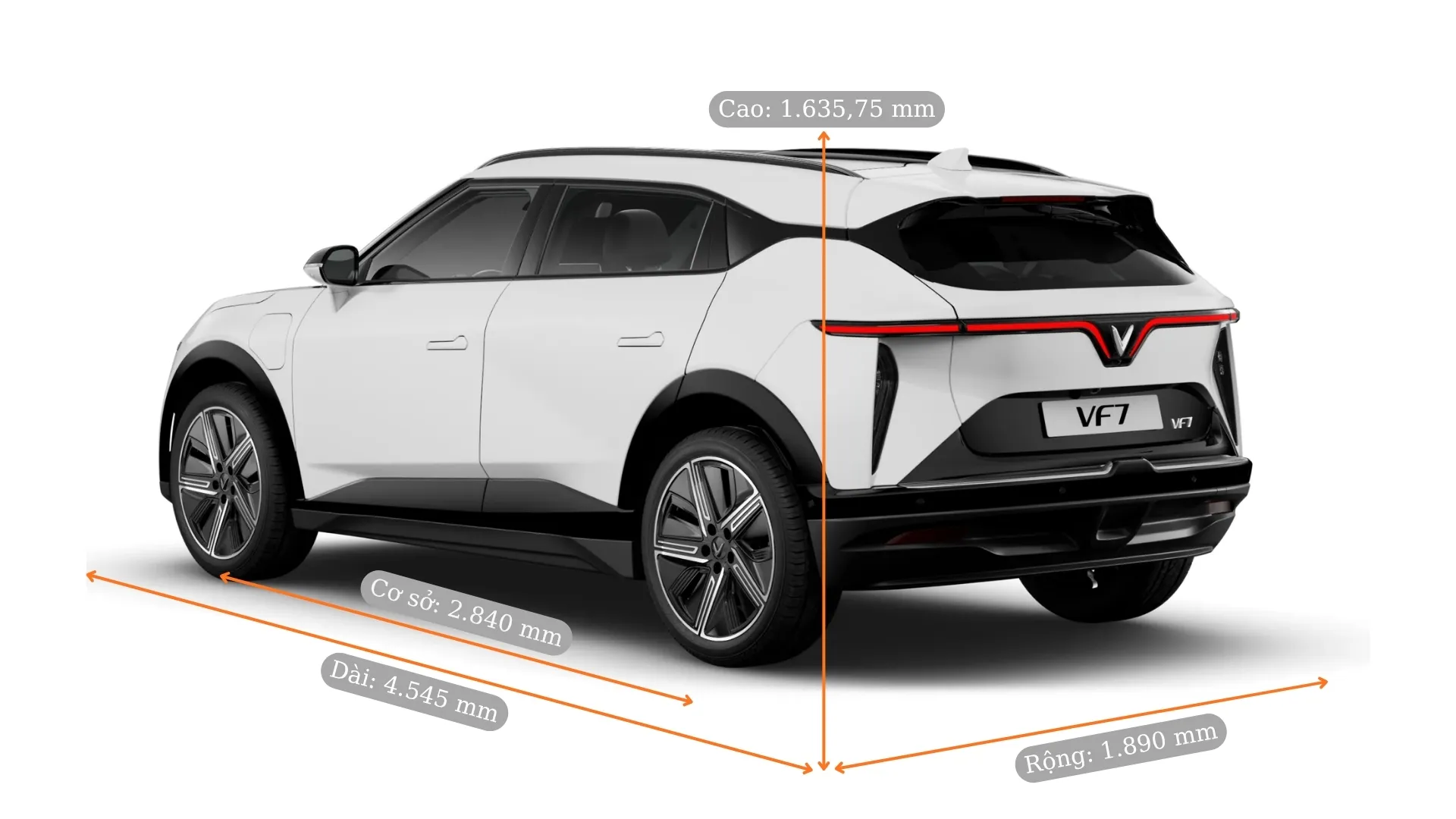 Hình ảnh mô tả trực quan thông số kích thước tổng thể của xe SUV điện VinFast VF 7 nhìn từ góc ngang thân xe, thể hiện rõ chiều dài cơ sở.