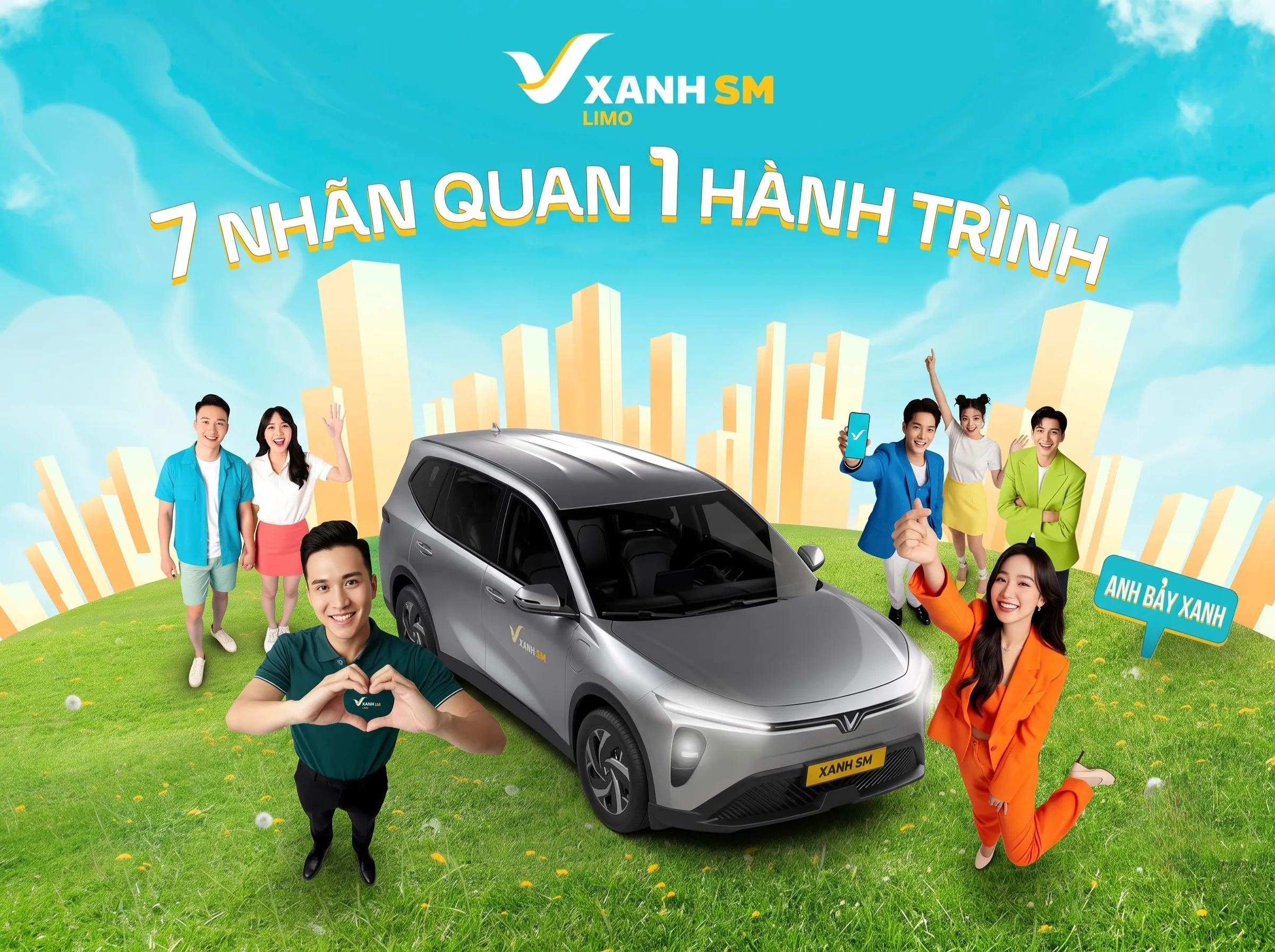 Hình ảnh xe VinFast Limo Green chạy dịch vụ taxi điện Xanh SM Limo cùng thông điệp "7 NHÃN QUAN 1 HÀNH TRÌNH" và "ANH BẢY XANH", khẳng định vị thế xe điện 7 chỗ đa dụng.