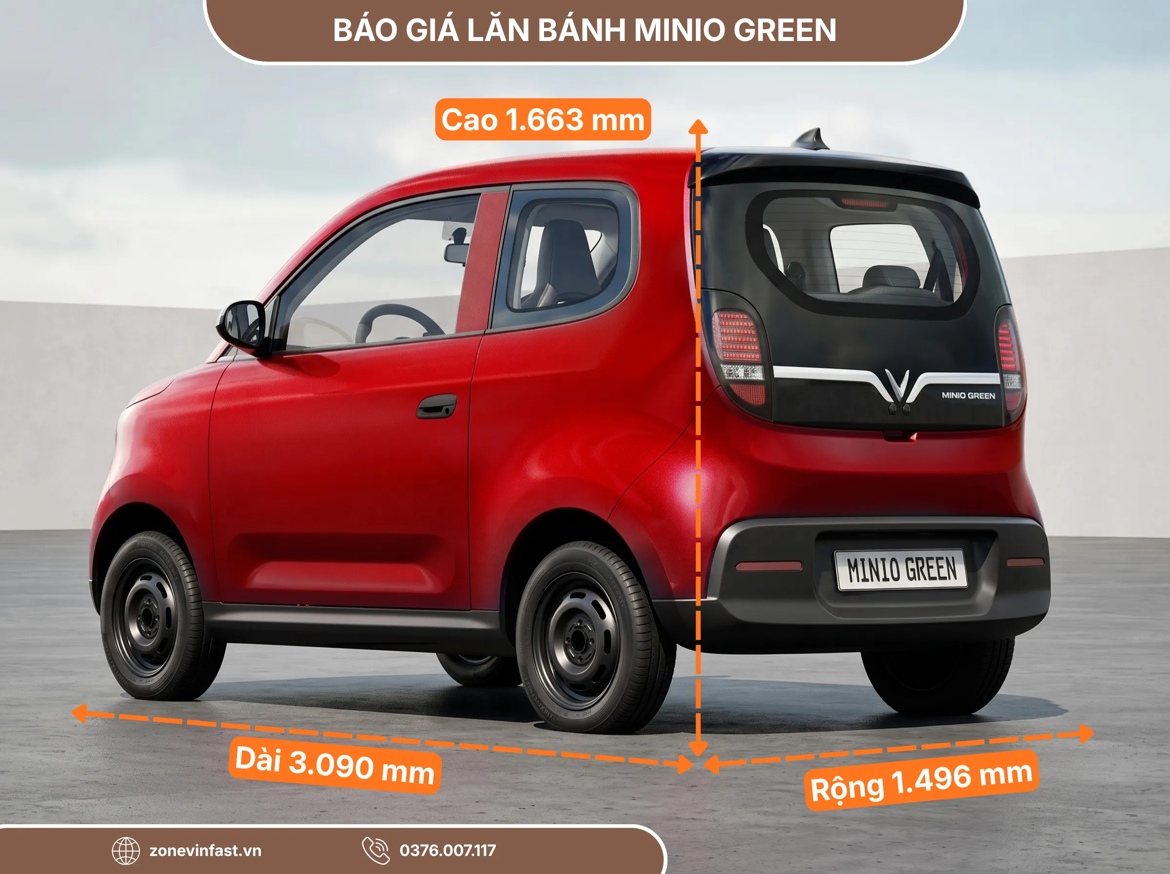Kích thước tổng thể VinFast Minio Green dài 3090mm, rộng 1496mm, cao 1663mm tối ưu lách ngõ hẹp đô thị.