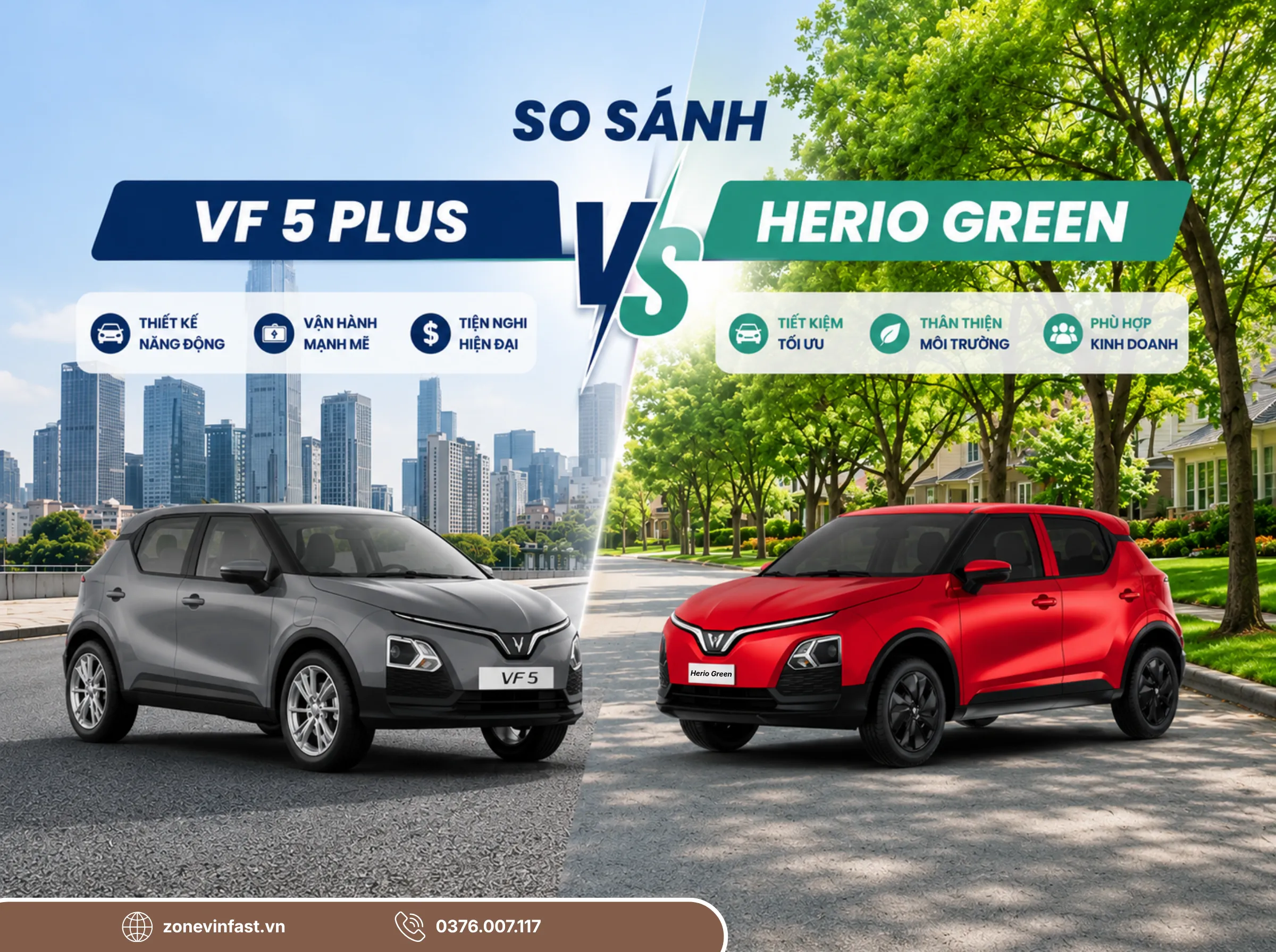 So sánh VinFast Herio Green và VF 5 Plus. Herio Green tối ưu chi phí đầu tư cho kinh doanh dịch vụ, VF 5 Plus trang bị tiện nghi hiện đại.