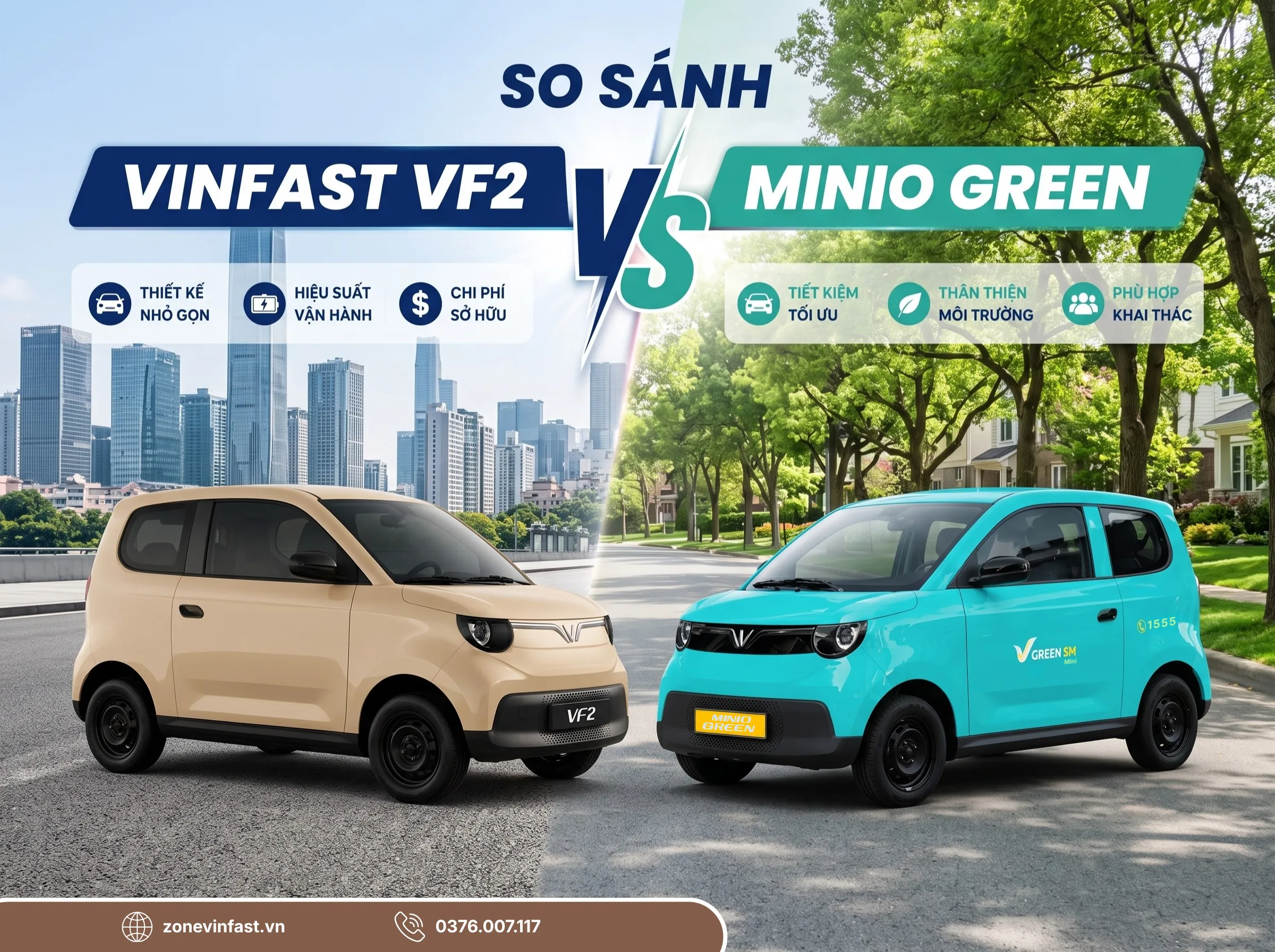 Bảng so sánh điểm khác biệt giữa VinFast VF2 dùng cho cá nhân và VinFast Minio Green chuyên khai thác dịch vụ Xanh Platform.