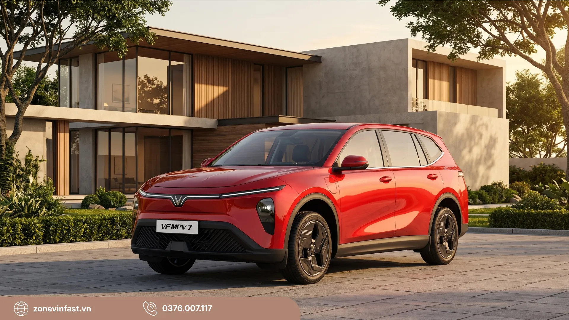 Xe điện 7 chỗ VinFast VF MPV 7 màu đỏ với thiết kế ngoại thất sang trọng, mềm mại đỗ trước biệt thự hiện đại. Tìm hiểu chi tiết giá lăn bánh VF MPV 7.