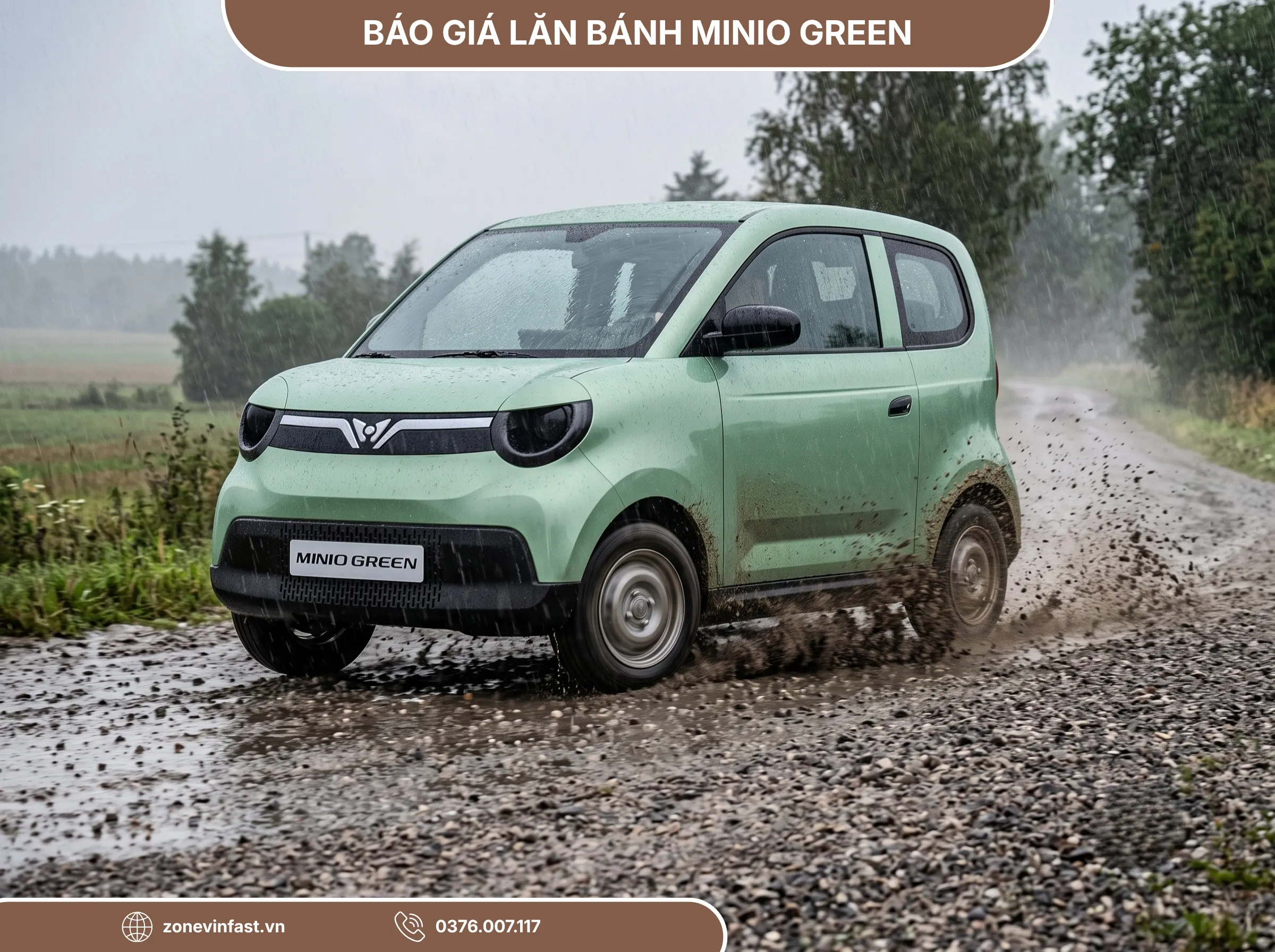 VinFast Minio Green vận hành bền bỉ trên đường mưa trơn trượt, khoảng sáng gầm 165mm giúp xe dễ dàng vượt đường ngập.